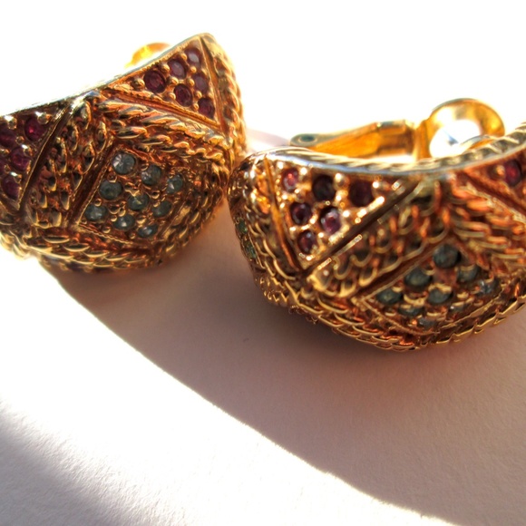 ✨ D'ORLAN 22K Gold Plated Pastel Multicolour Swarovski Crystal Half Hoops Signed - Picture 14 of 15